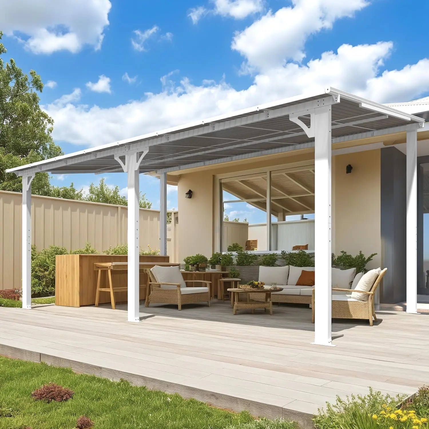 16′ X 10′ Gazebo White Outdoor Pergola for Patio, Large Wall-Mounted Hard Top 10×16 Lean To Metal Gazebo Shelter Pergolas