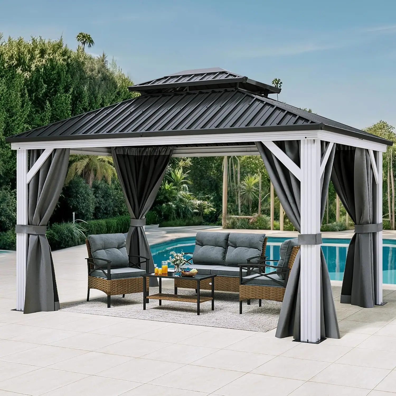 White Gazebo 10x12ft Hardtop Double Roof Canopy Galvanized Iron Aluminum Frame Outdoor Gazebo, Deck and Lawns, Grey Curtain